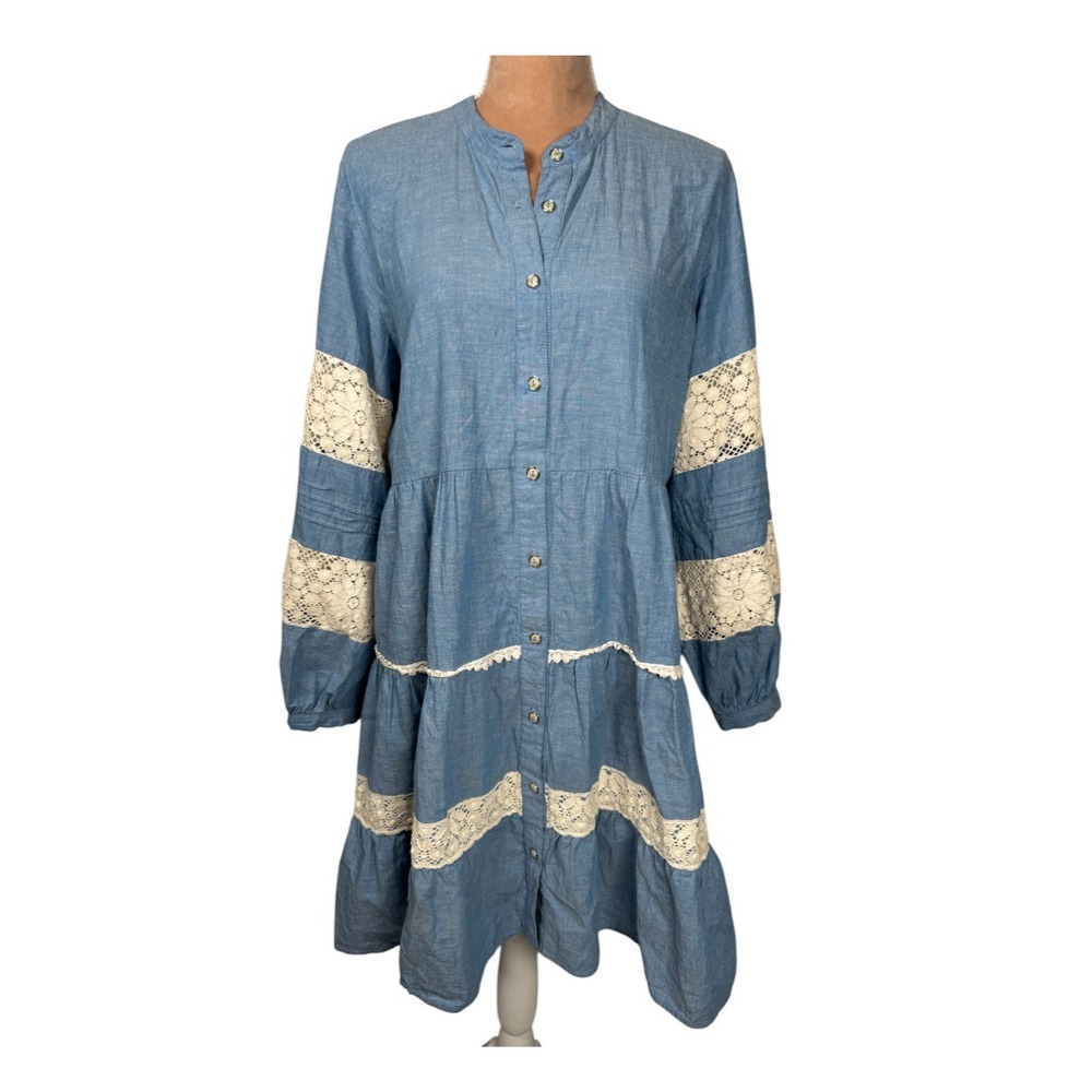Johnny Was Laguna Pieced Dress Sz Lg Blue Chambray Tunic Lace Trim Bohemian Fall - Picture 2 of 16